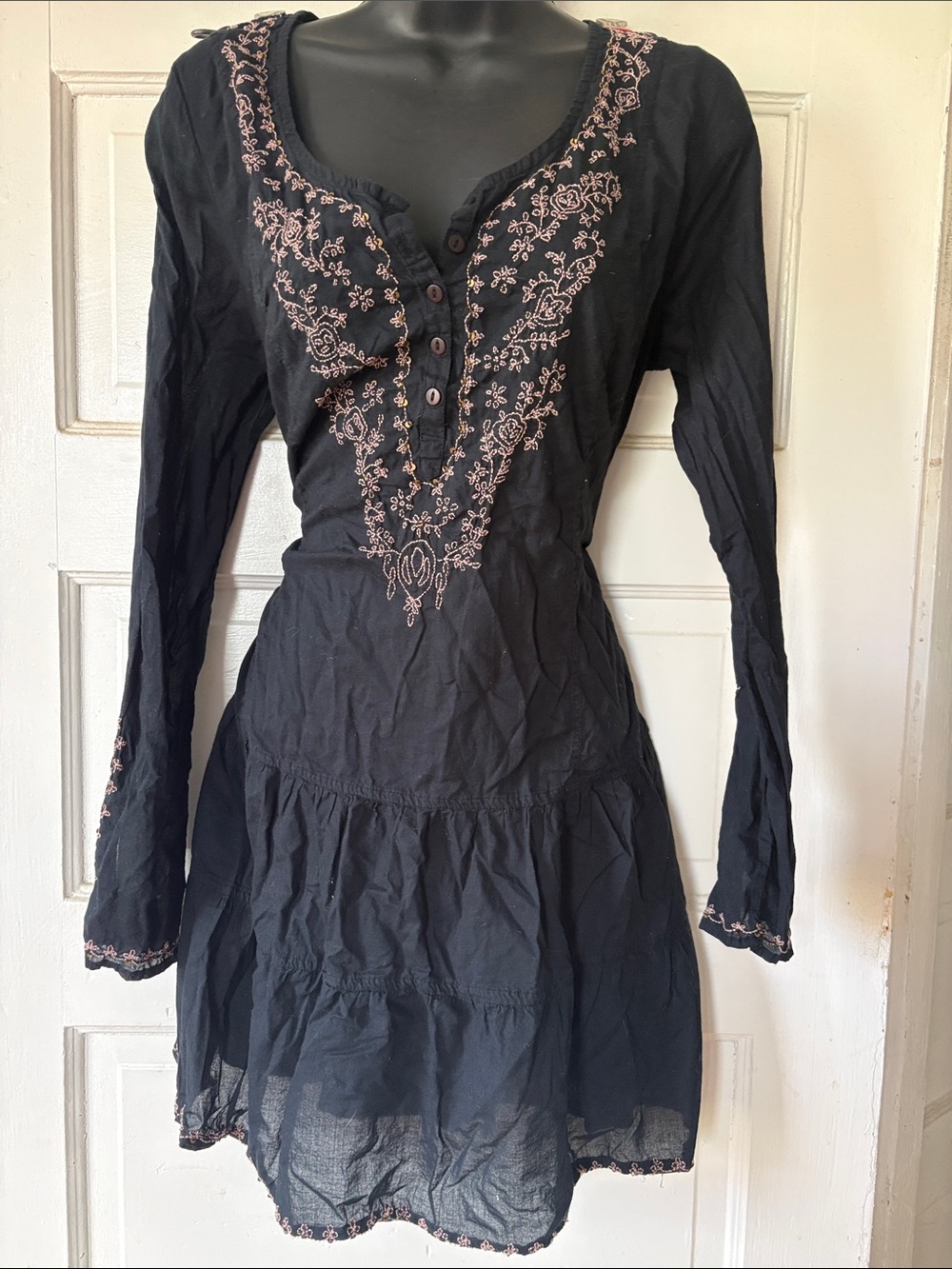 Lucky Brand Black Long-Sleeve Embroidered Tiered Dress